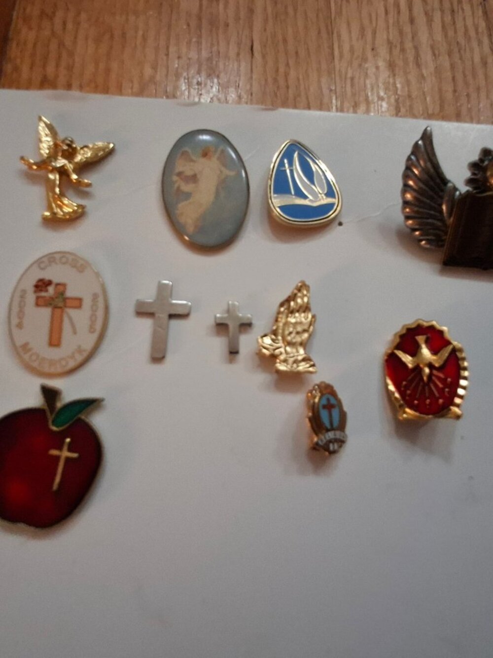 10 Vintage Religious Pins Lapel Tacks  Angels Prayer Cross Christianity